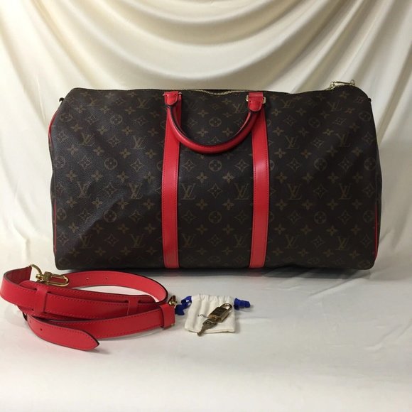 Louis Vuitton Keepall Bandouliere 50 Monogram Canvas Coquelicot Red Leather Trim - Picture 1 of 16